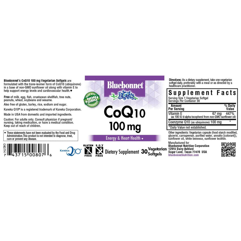 Bluebonnet CoQ10 100 mg 30 Vegetarian Softgels - DailyVita