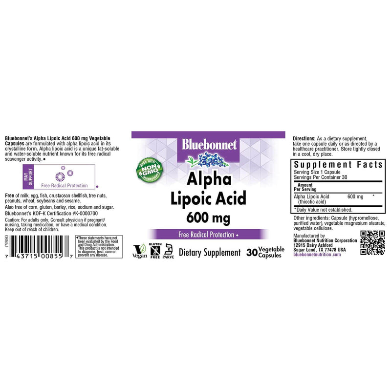 Bluebonnet Alpha Lipoic Acid 600 mg 30 Veg Capsules - DailyVita