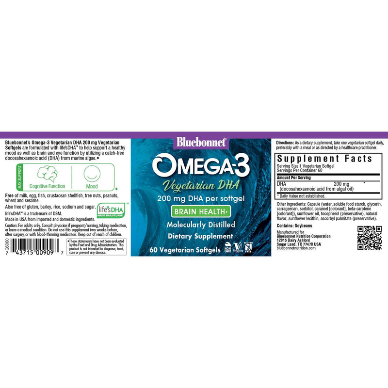 Bluebonnet Omega-3 DHA 200 mg 60 Vegetarian Softgels - DailyVita