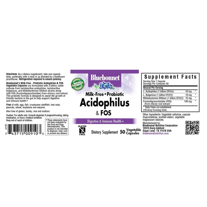 Bluebonnet Milk-Free Probiotic Acidophilus & Fos 50 Veg Capsules - DailyVita