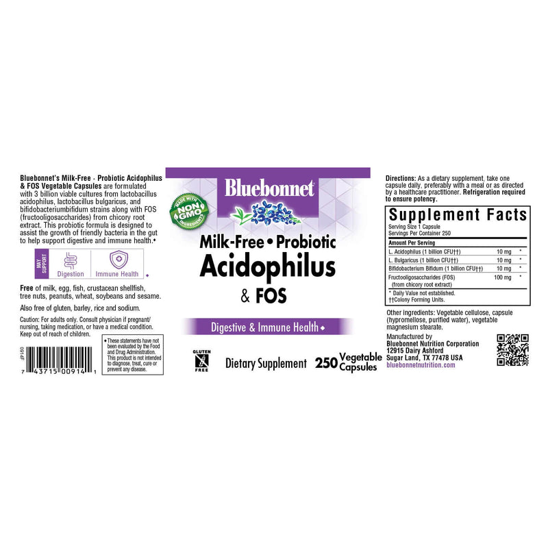 Bluebonnet Milk-Free Probiotic Acidophilus & Fos 250 Veg Capsules - DailyVita