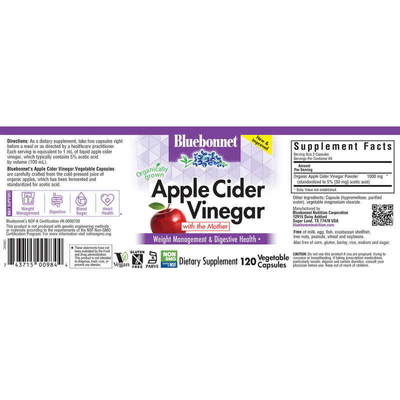 Bluebonnet Apple Cider Vinegar 120 Veg Capsules - DailyVita
