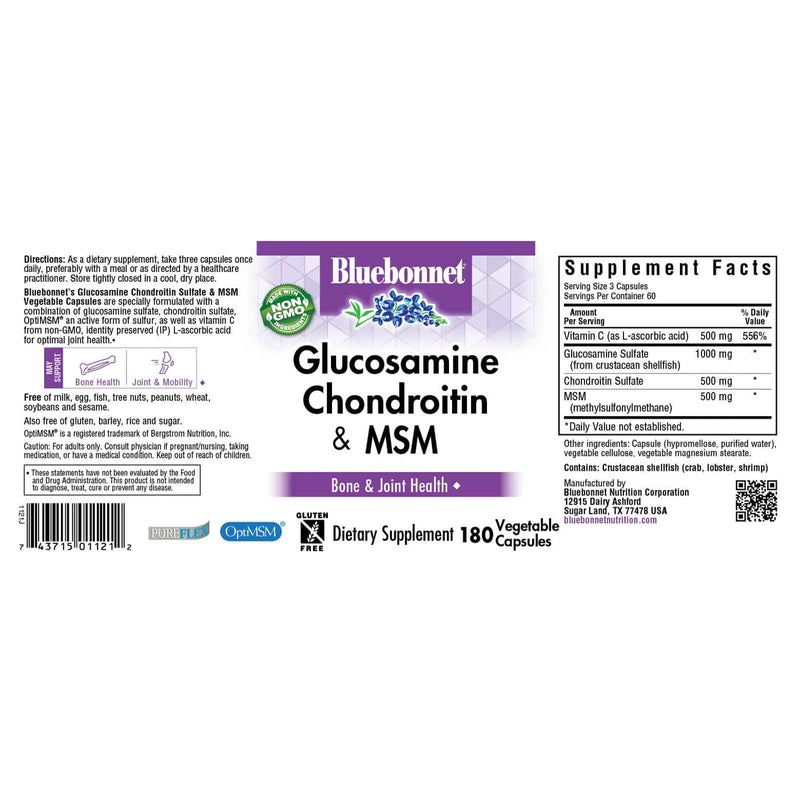 Bluebonnet Glucosamine Chondroitin & MSM 180 Veg Capsules - DailyVita
