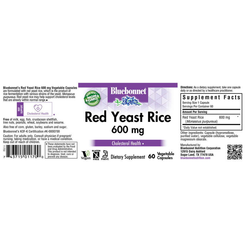 Bluebonnet Red Yeast Rice 600 mg 60 Veg Capsules - DailyVita