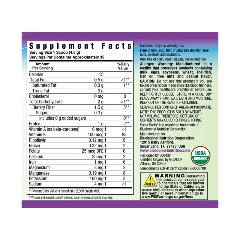 Bluebonnet Super Earth Organic Wheatgrass 5.6 oz Powder - DailyVita