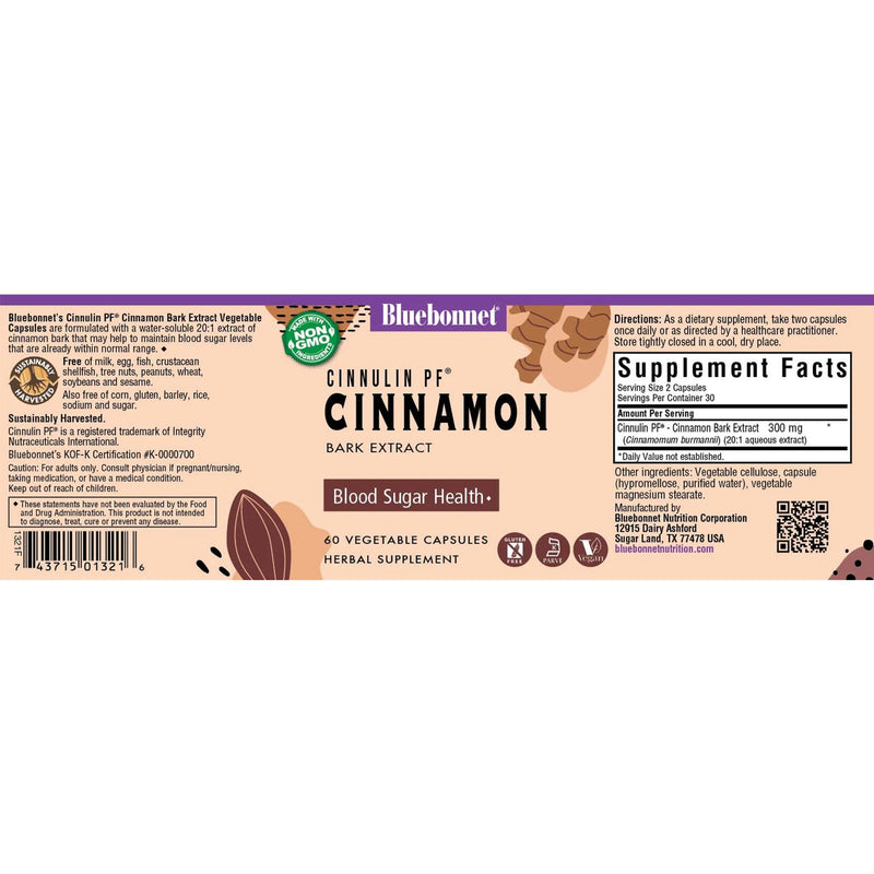 Bluebonnet Cinnulin Pf Cinnamon Bark Extract 60 Veg Capsules - DailyVita