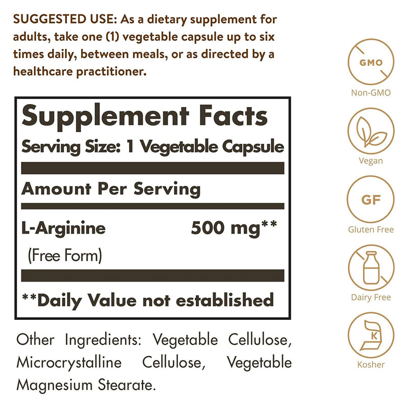 Solgar L-Arginine 500 mg 250 Vegetable Capsules - DailyVita