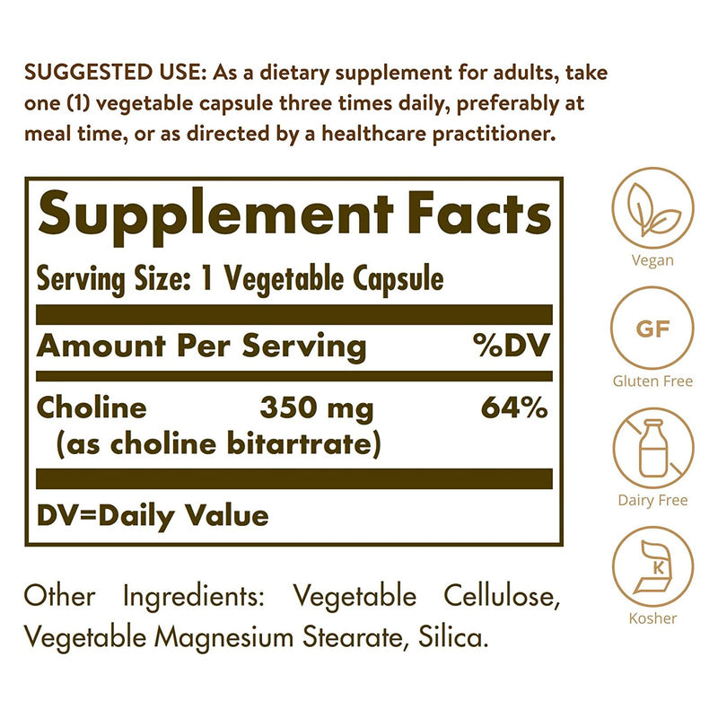 Solgar Choline 350 mg 100 Vegetable Capsules - DailyVita