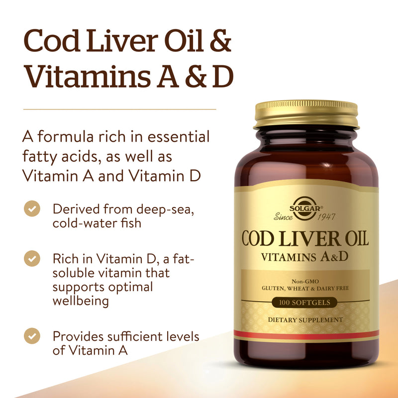 Solgar Cod Liver Oil Softgels (Vitamin A & D Supplement) 100 Softgels - DailyVita