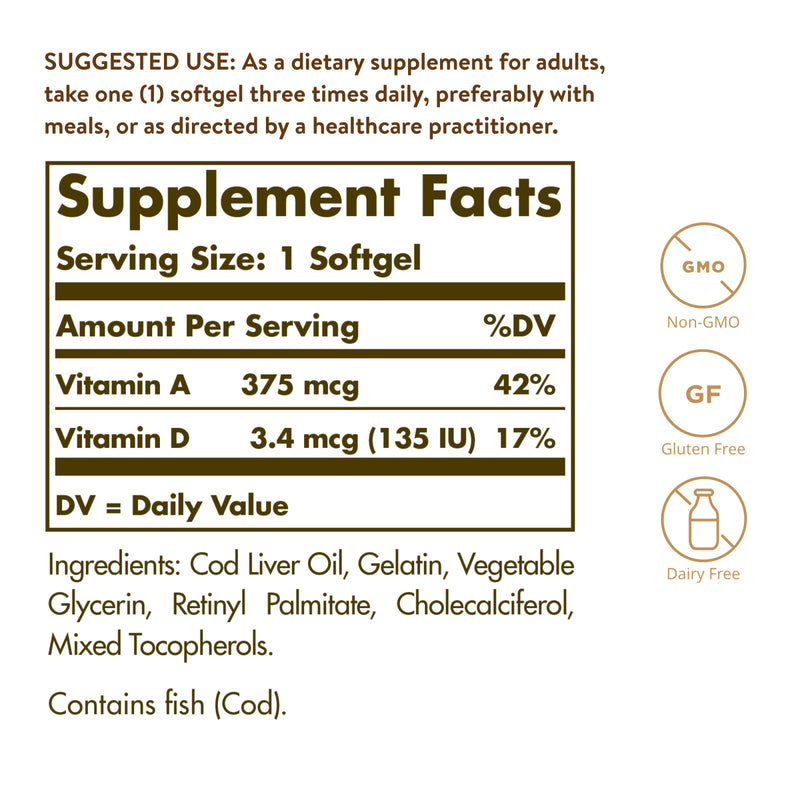 Solgar Cod Liver Oil Softgels (Vitamin A & D Supplement) 250 Softgels - DailyVita