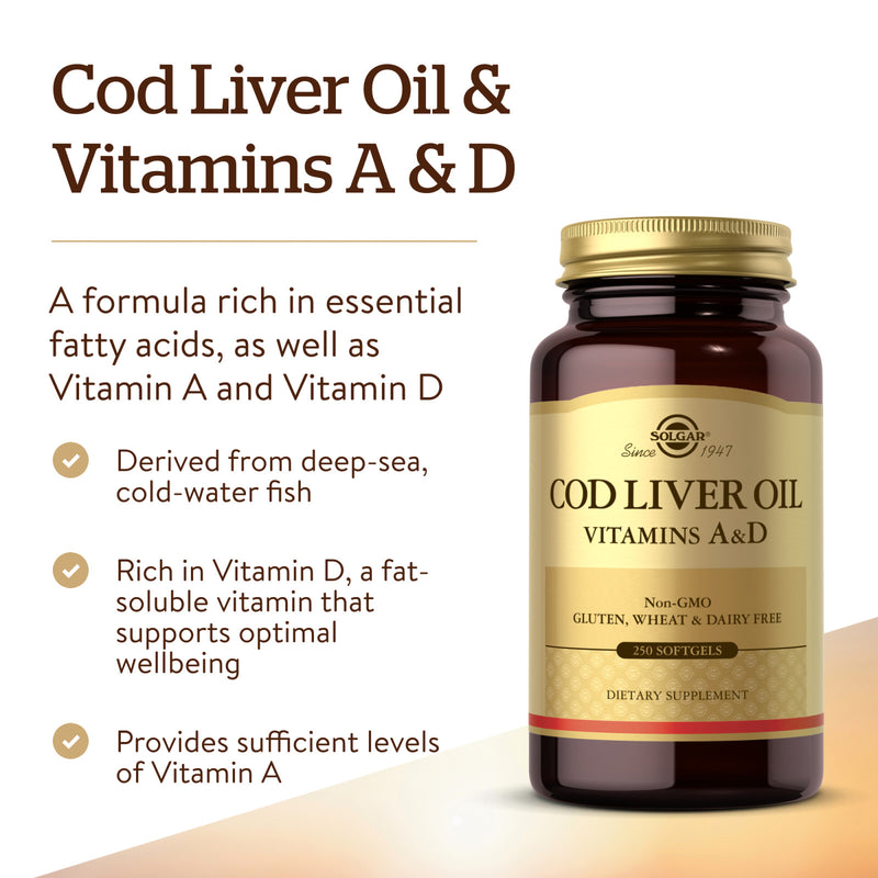 Solgar Cod Liver Oil Softgels (Vitamin A & D Supplement) 250 Softgels - DailyVita