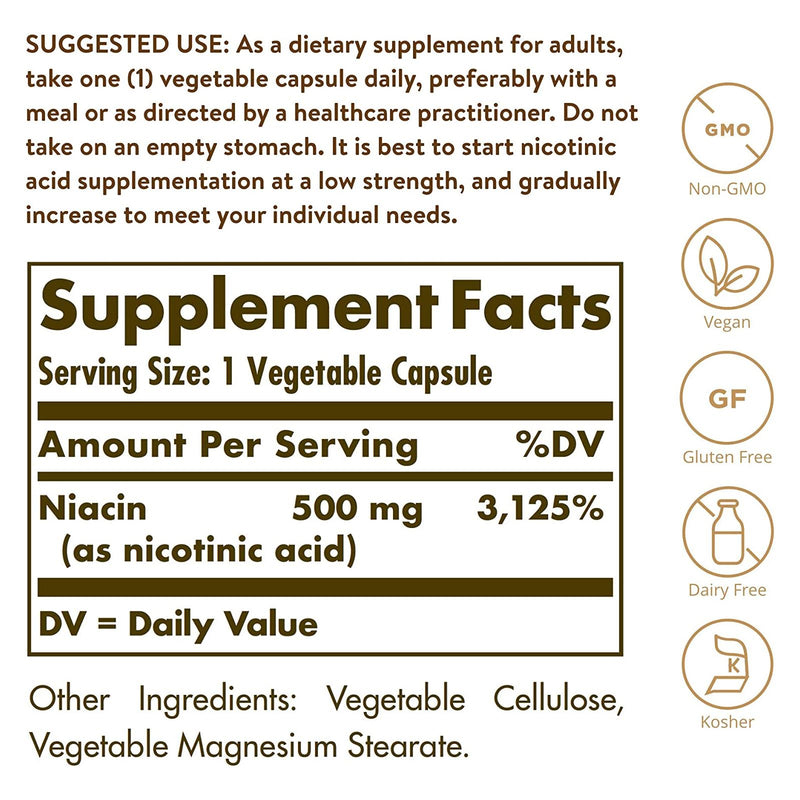 Solgar Niacin (Vitamin B3) 500 mg 250 Vegetable Capsules - DailyVita