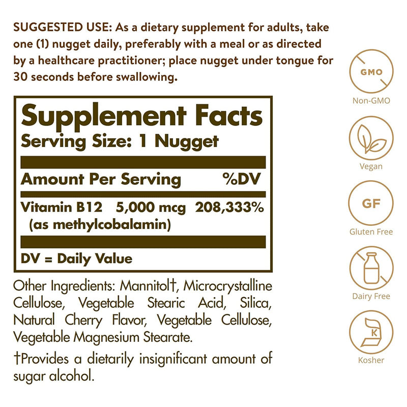 Solgar Methylcobalamin (Vitamin B12) 5000 mcg 30 Nuggets - DailyVita