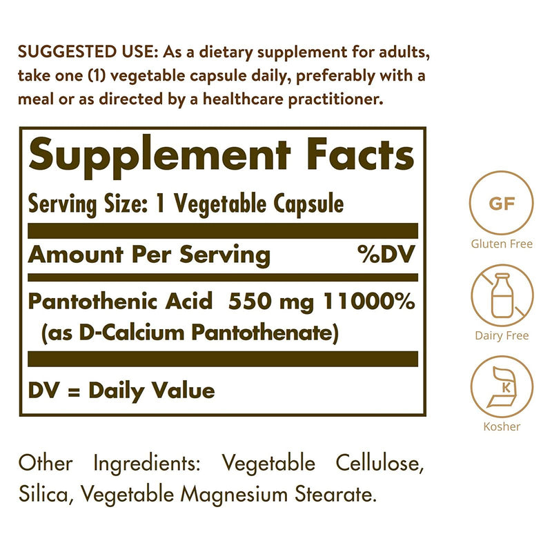 Solgar Pantothenic Acid 550 mg 100 Vegetable Capsules - DailyVita