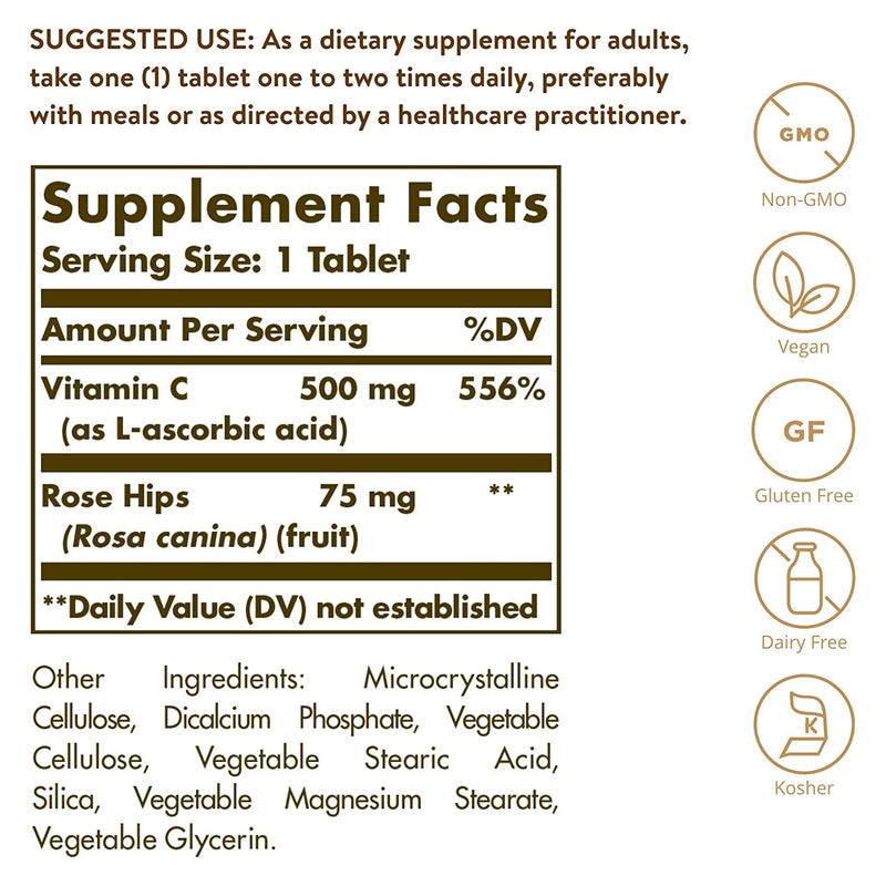 Solgar Vitamin C 500 mg with Rose Hips 250 Tablets - DailyVita