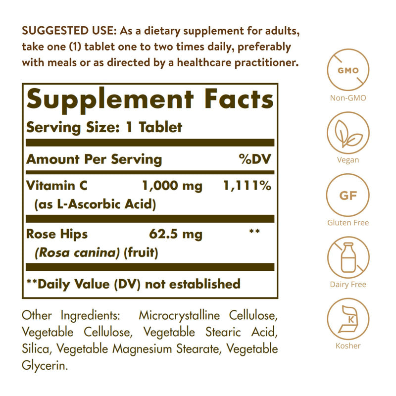 Solgar Vitamin C 1000 mg with Rose Hips 250 Tablets - DailyVita