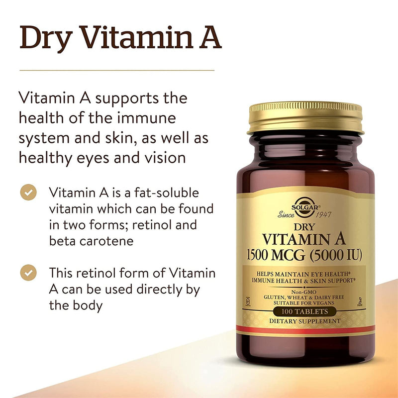 Solgar Dry Vitamin A 1500 mcg (5000 IU) 100 Tablets - DailyVita
