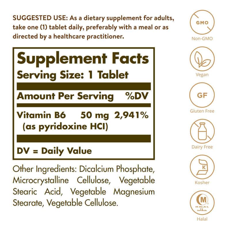 Solgar Vitamin B6 50 mg 100 Tablets - DailyVita