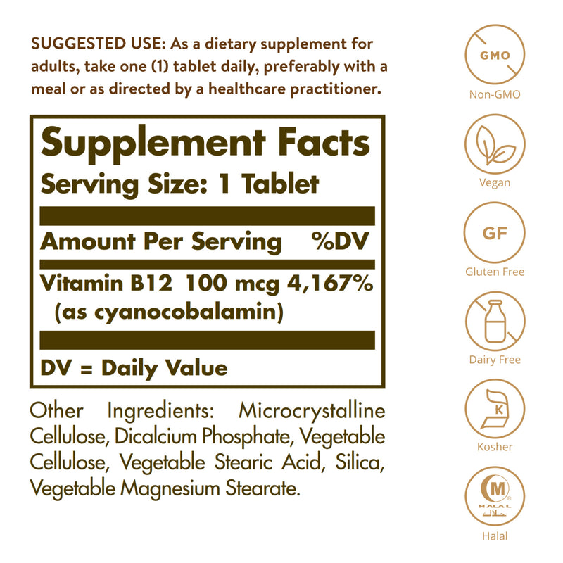 Solgar Vitamin B12 100 mcg 100 Tablets - DailyVita