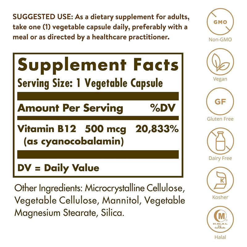 Solgar Vitamin B12 500 mcg 100 Vegetable Capsules - DailyVita