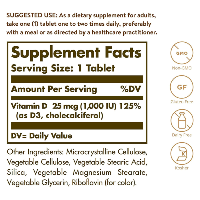 Solgar Vitamin D3 (Cholecalciferol) 25 mcg (1000 IU) 180 Tablets - DailyVita