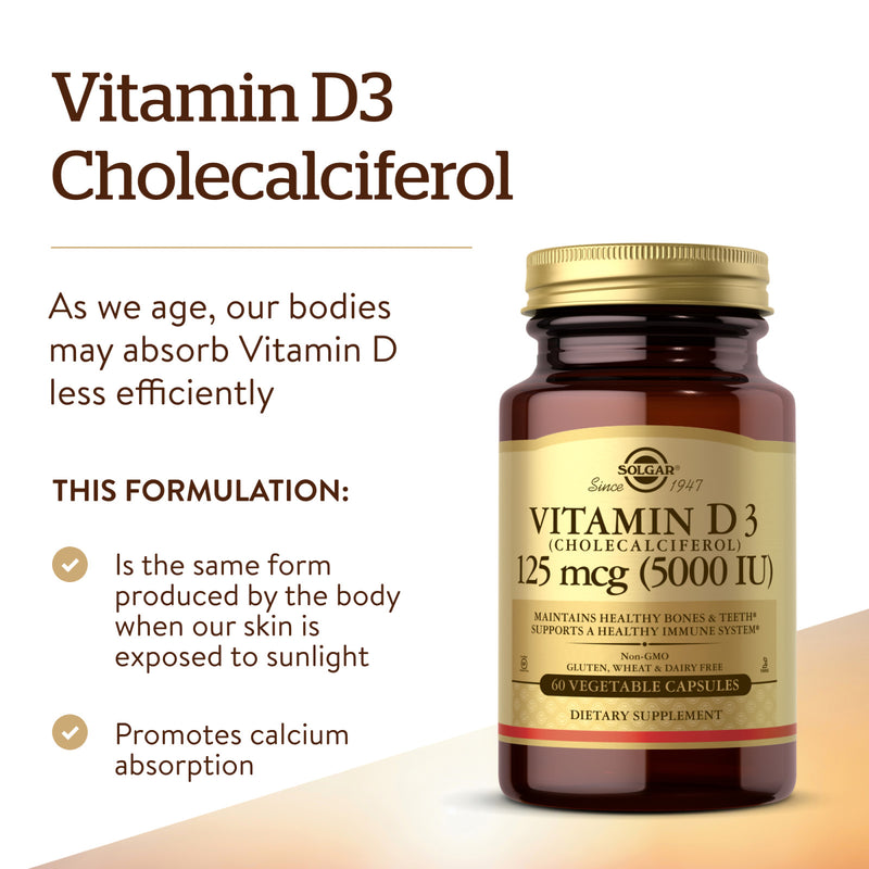 Solgar Vitamin D3 (Cholecalciferol) 125 mcg (5,000 IU) 60 Vegetable Capsules - DailyVita