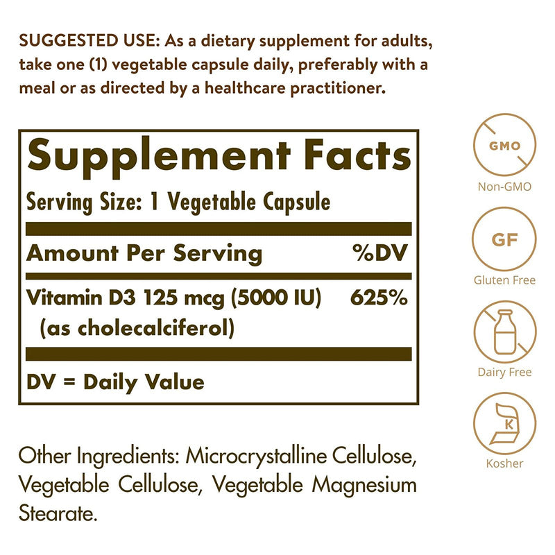 Solgar Vitamin D3 (Cholecalciferol) 125 mcg (5,000 IU) 120 Vegetable Capsules - DailyVita