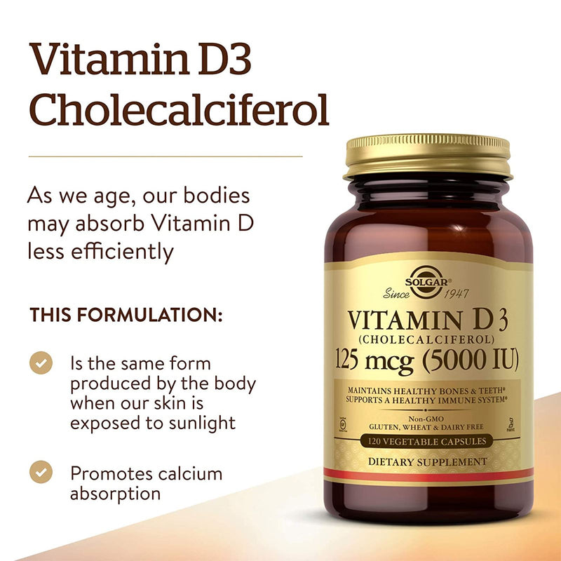 Solgar Vitamin D3 (Cholecalciferol) 125 mcg (5,000 IU) 120 Vegetable Capsules - DailyVita