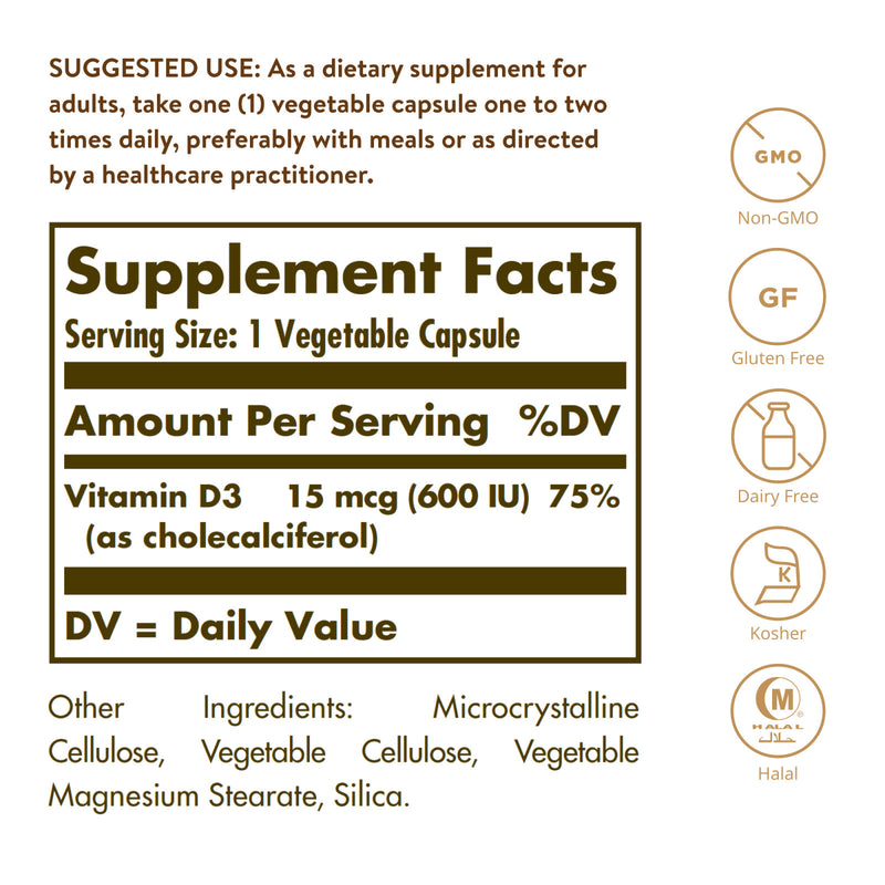 Solgar Vitamin D3 (Cholecalciferol) 15 mcg (600 IU) 120 Vegetable Capsules - DailyVita