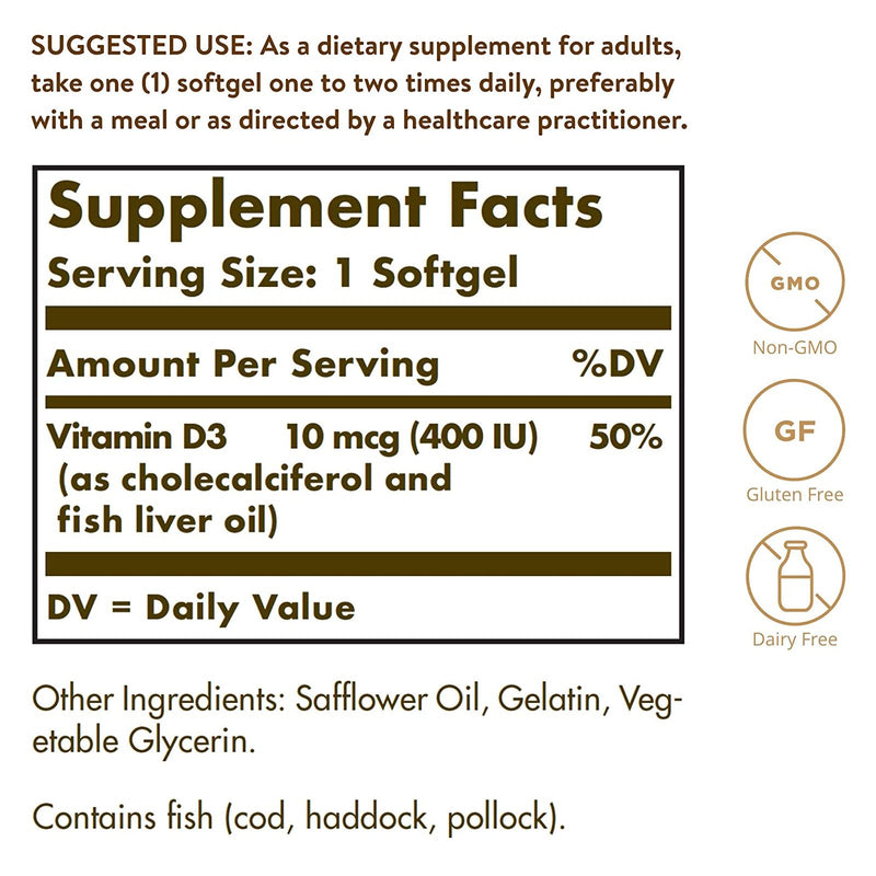 Solgar Vitamin D3 (Cholecalciferol) 10 mcg (400 IU) 100 Softgels - DailyVita