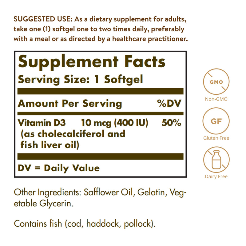 Solgar Vitamin D3 (Cholecalciferol) 10 mcg (400 IU) 250 Softgels - DailyVita