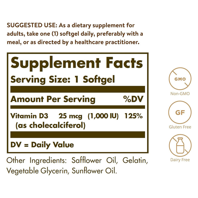 Solgar Vitamin D3 (Cholecalciferol) 25 mcg (1000 IU) 250 Softgels - DailyVita