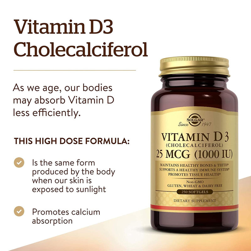 Solgar Vitamin D3 (Cholecalciferol) 25 mcg (1000 IU) 250 Softgels - DailyVita
