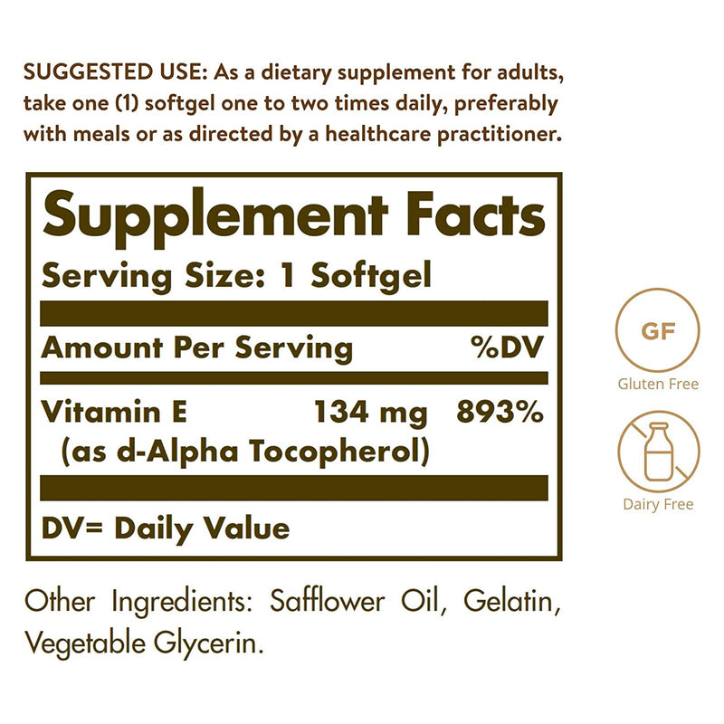 Solgar Vitamin E 134 mg (200 IU) Alpha 100 Softgels - DailyVita