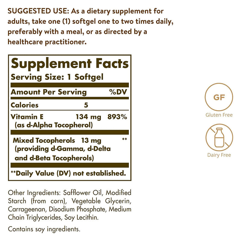 Solgar Vitamin E 134 mg (200 IU) Mixed Softgels (d-Alpha Tocopherol & Mixed Tocopherols) 100 Softgels - DailyVita