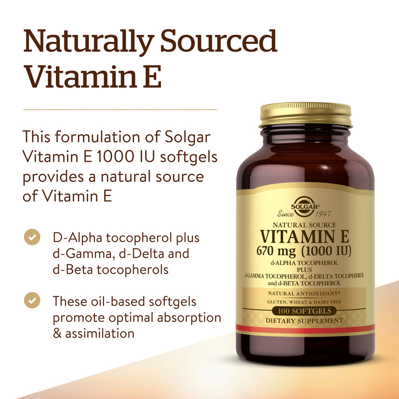 Solgar Vitamin E 670 mg (1000 IU) Mixed Softgels (d-Alpha Tocopherol & Mixed Tocopherols) 100 Softgels - DailyVita