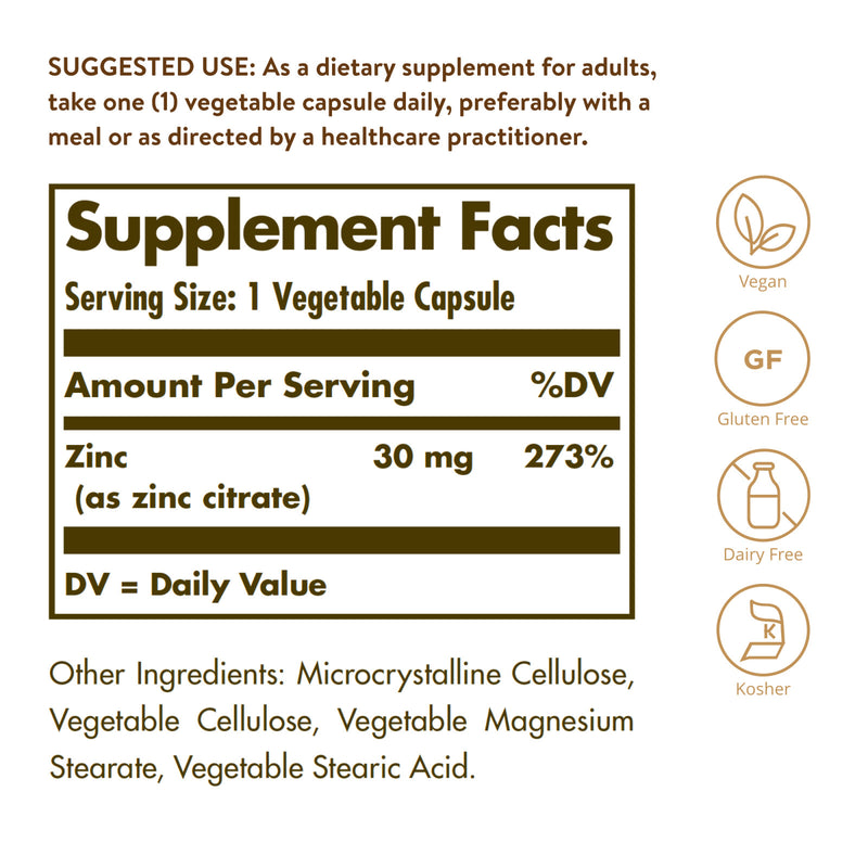 Solgar Zinc Citrate 30 mg 100 Vegetable Capsules - DailyVita