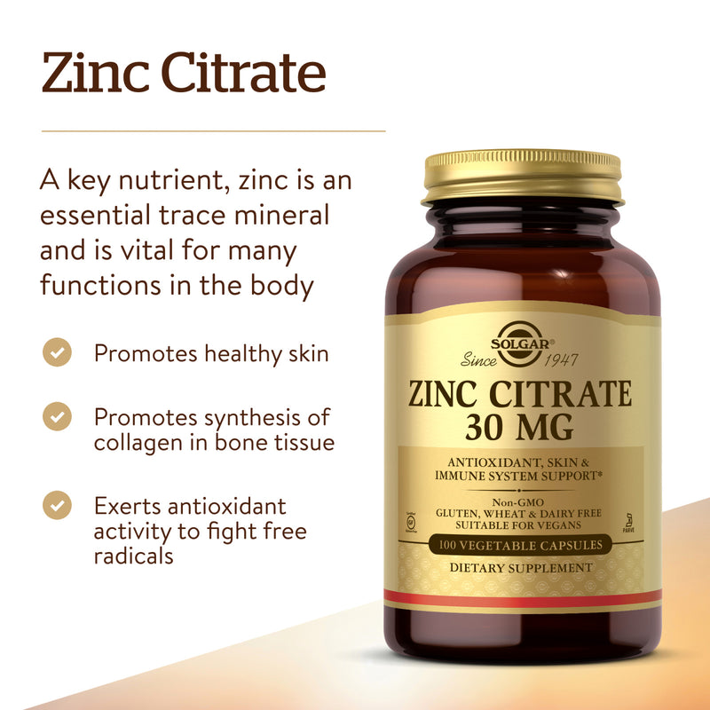 Solgar Zinc Citrate 30 mg 100 Vegetable Capsules - DailyVita