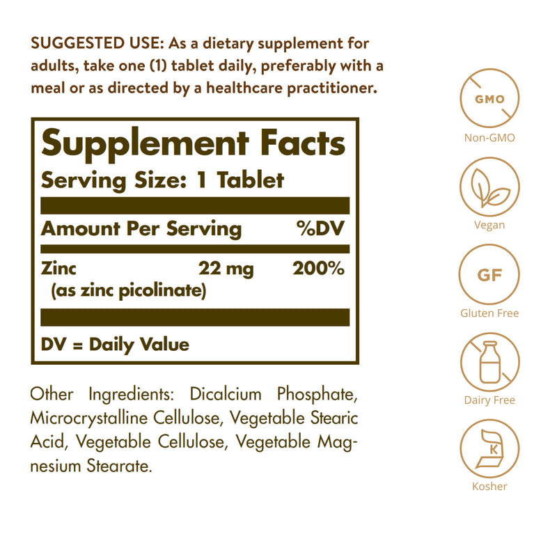 Solgar Zinc Picolinate 22 mg 100 Tablets - DailyVita