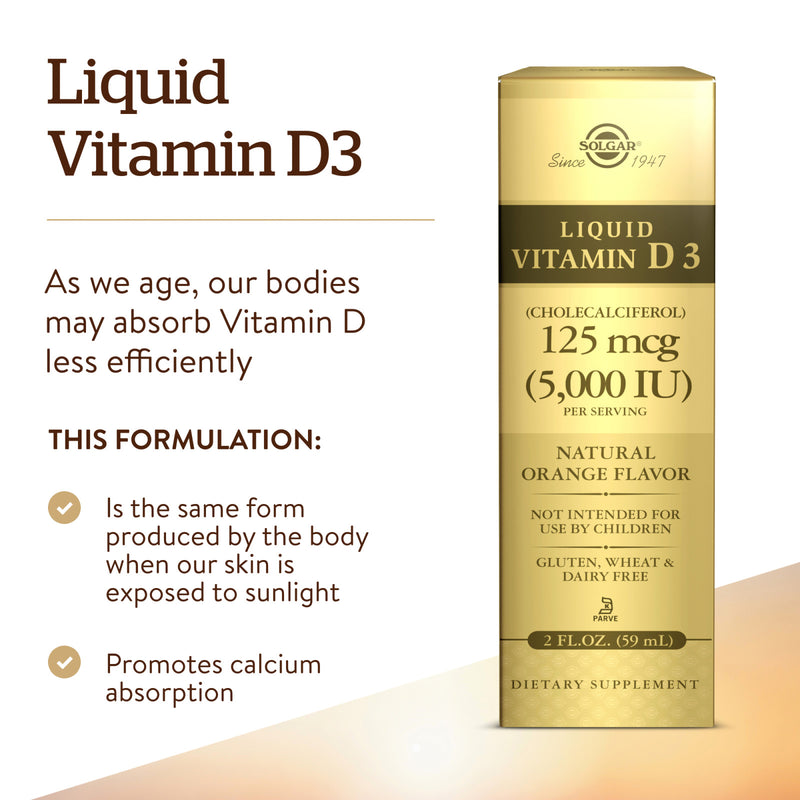 Solgar Liquid Vitamin D3 (Cholecalciferol) 125 mcg (5,000 IU) Natural Orange 2 fl oz - DailyVita